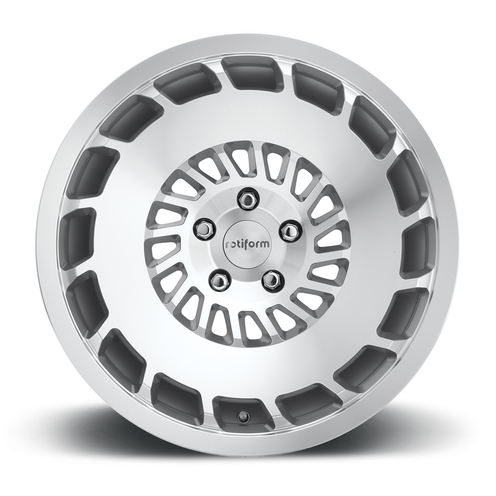 Rotiform CCV wheels in 18x9.5 inches with black and machined silver finish, showcasing the stylish multi-spoke design.