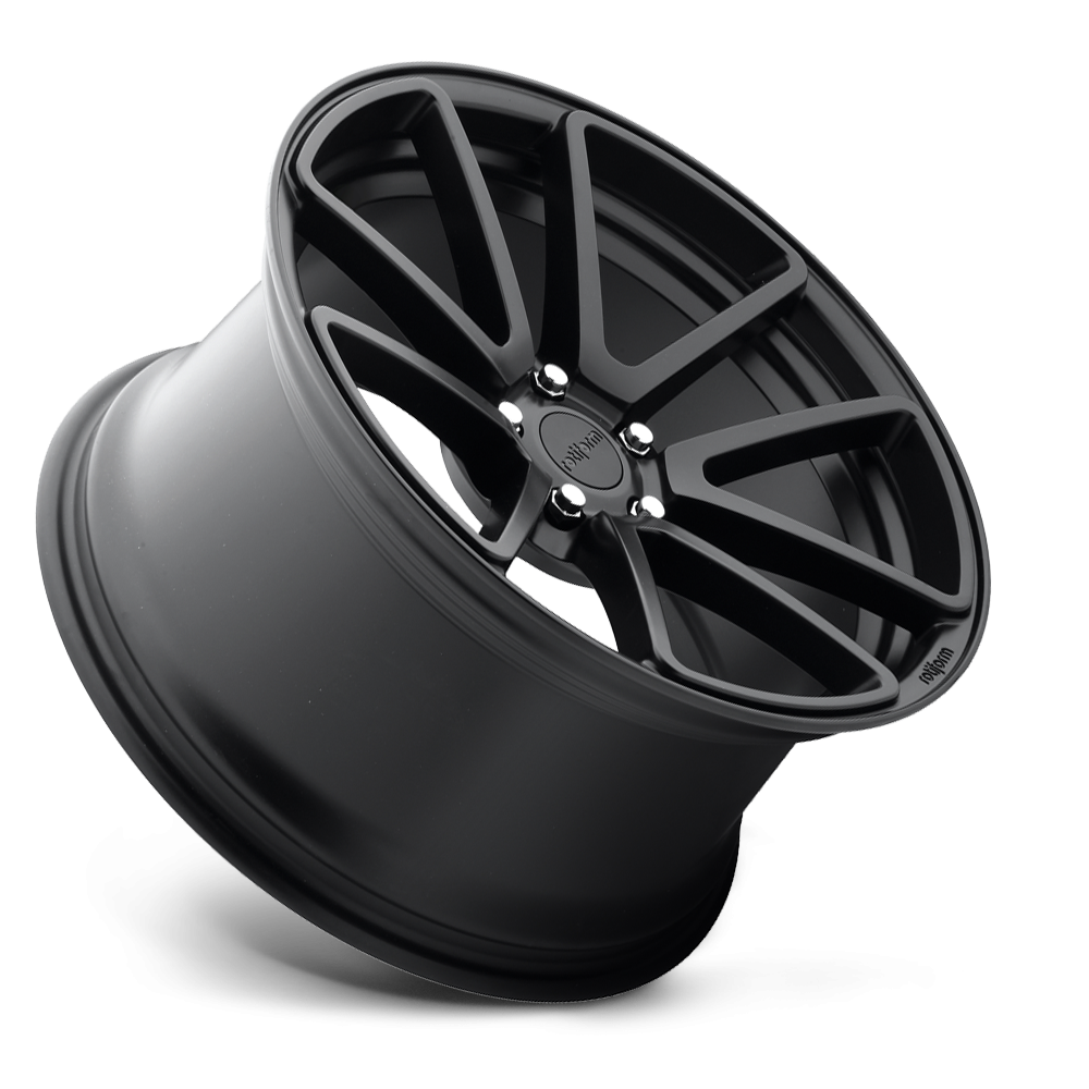 Rotiform SPF 19x10 black and machined silver wheels, showcasing the stylish multi-spoke design with a matte finish.