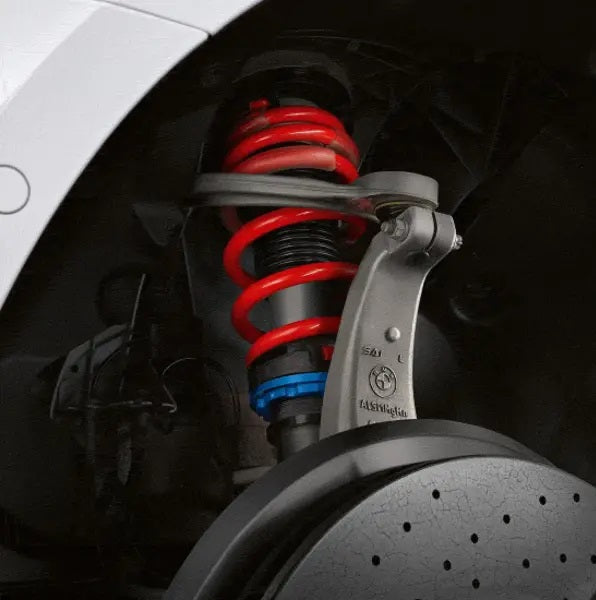 Genuine BMW G87 G80 G82 M Performance lowering springs kit, suspension components for M2, M3, M4 models, image shows coil springs.