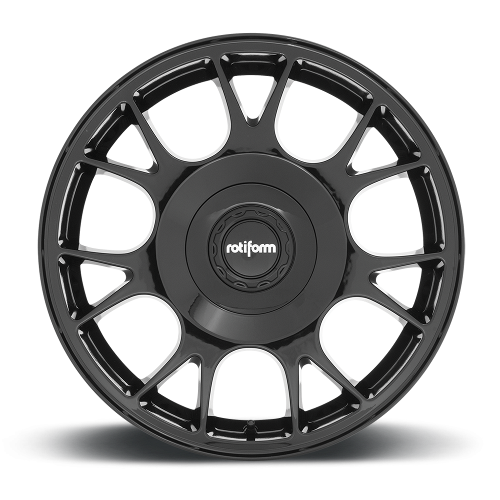 Rotiform TUF-R wheels in black finish, 18-inch size, 5-lug pattern, with gloss black face and silver options, shown from side angle.