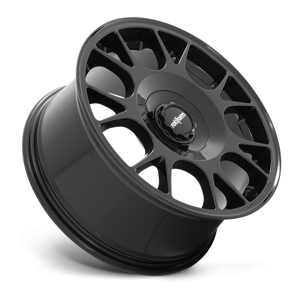 Rotiform TUF-R wheels in black finish, 18-inch size, showcasing the sleek, glossy five-lug design with ET45 offset.