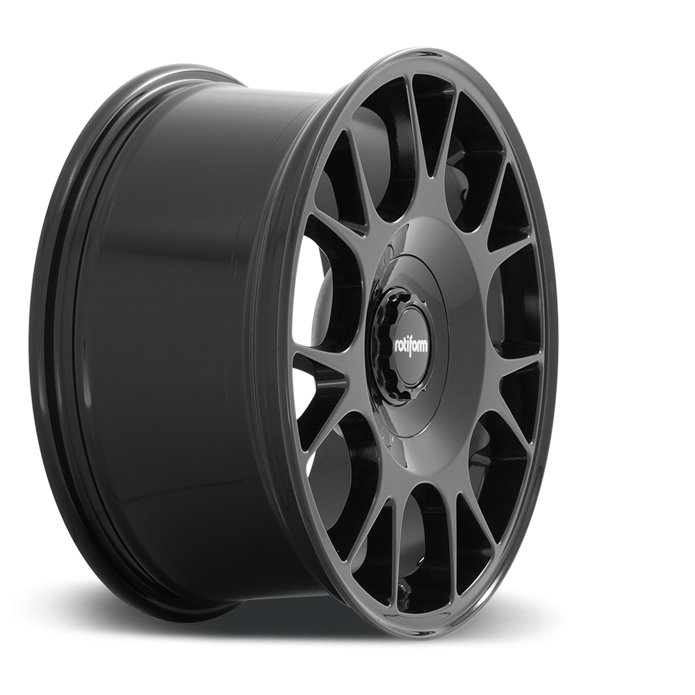 Rotiform TUF-R wheels in black finish with 18x8 size and 5-lug pattern, featuring a glossy black design and etched details.