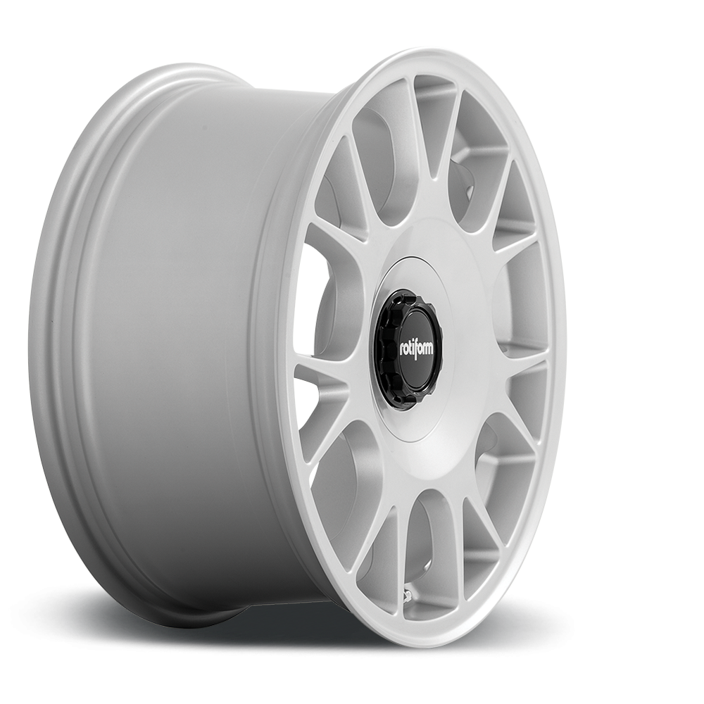 Rotiform TUF-R 18-inch silver wheels with 5-lug design and satin finish, shown with a close-up of the alloy wheel detail.