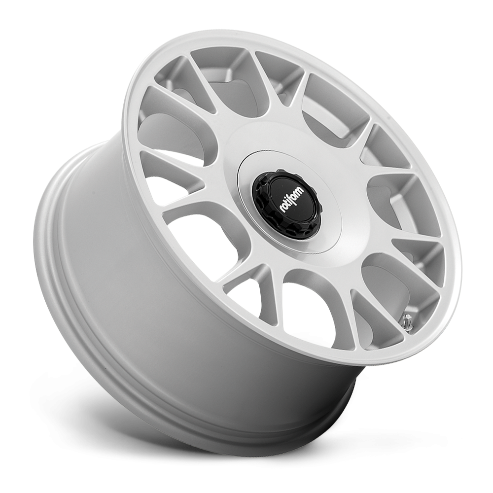 Rotiform TUF-R wheels in satin silver, 18x8 size with 5-lug pattern and ET45 offset, displayed in a close-up view.