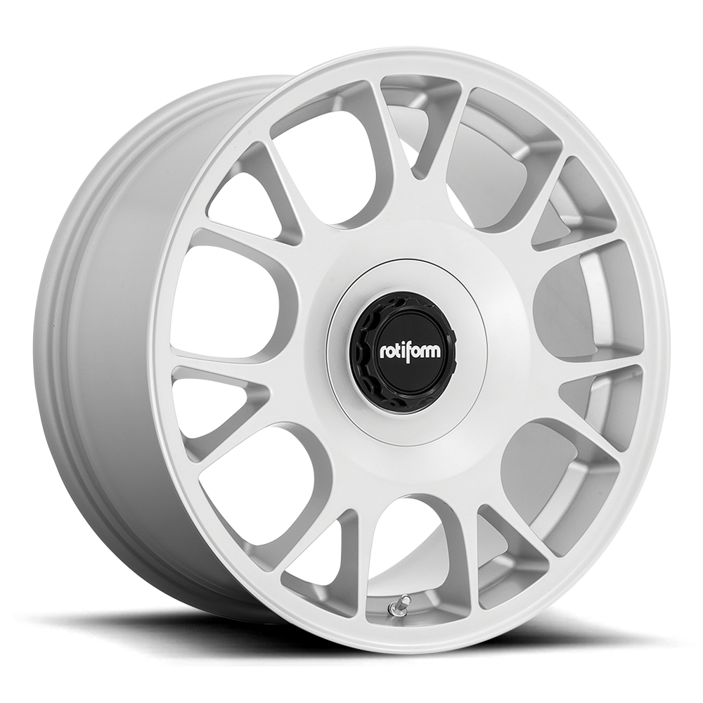 Rotiform TUF-R wheels in satin silver, 18-inch, 8-inch width, 5-lug pattern, ET45 offset, featuring a sleek, modern design.