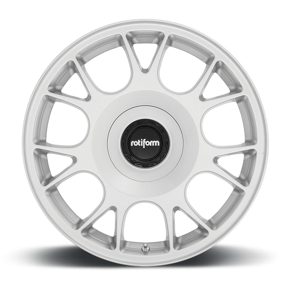 Rotiform TUF-R wheels in satin silver finish, 18x8 size with 5-lug pattern and ET45 offset, featuring a sleek face design.