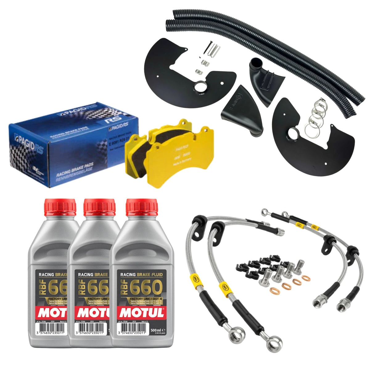 Braided performance brake lines as part of a fast-road and track brake upgrade package