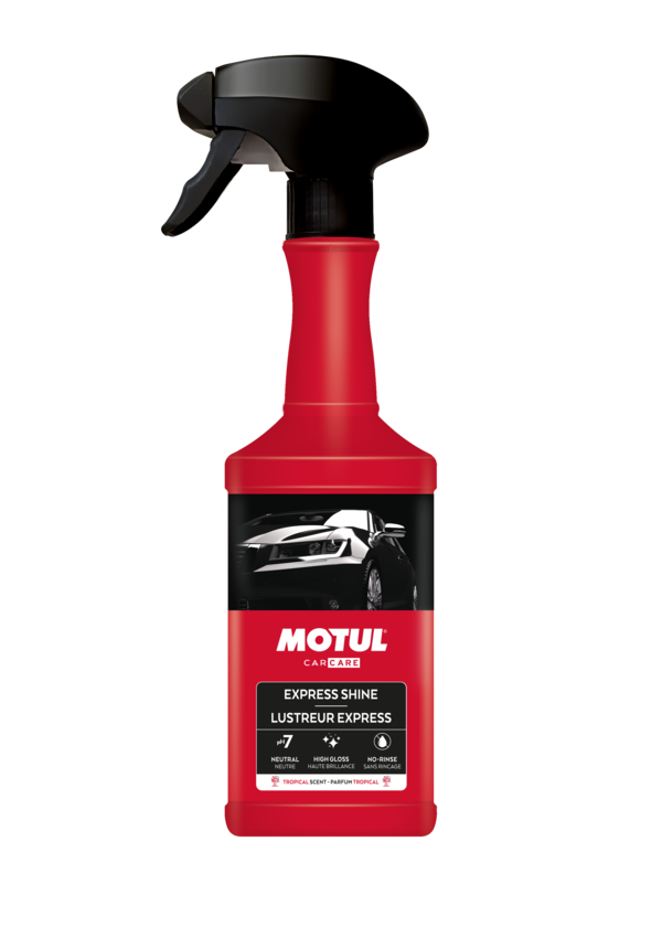 Motul Express Shine Quick Detailer 500ml bottle with spray nozzle, used for car detailing and paint finishing.