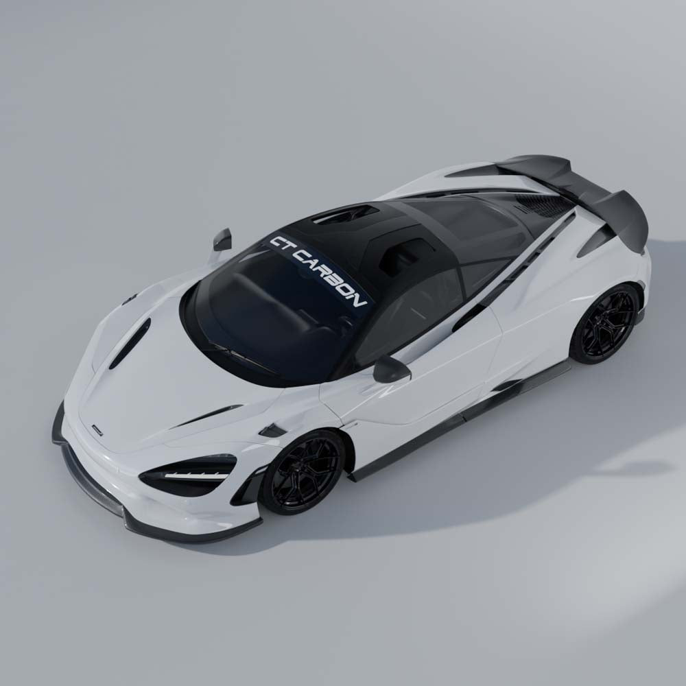 CT Carbon McLaren 750S carbon fiber full kit, showing detailed panels and aerodynamic parts on a sleek sports car.