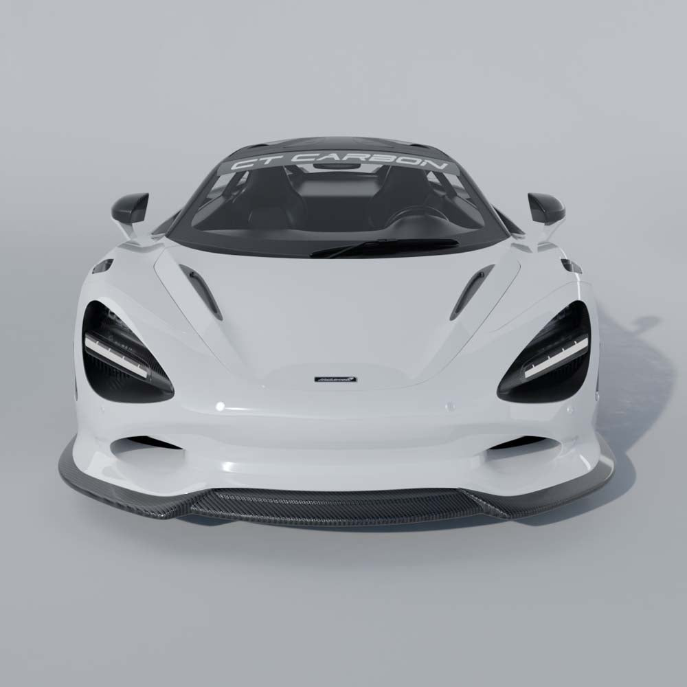 CT Carbon McLaren 750S carbon fiber full kit with detailed panels and aerodynamic accents, designed for high-performance car customization.