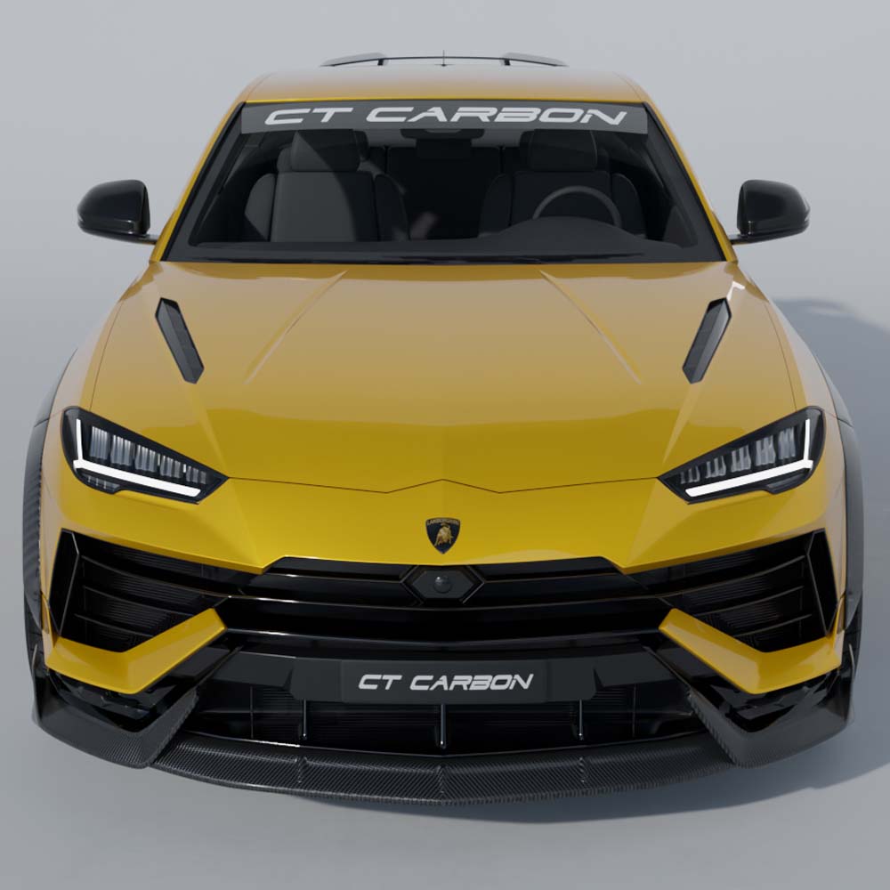 Lamborghini Urus S CT Carbon dry carbon fibre splitter, close-up of sleek aerodynamic car accessory with textured carbon finish.