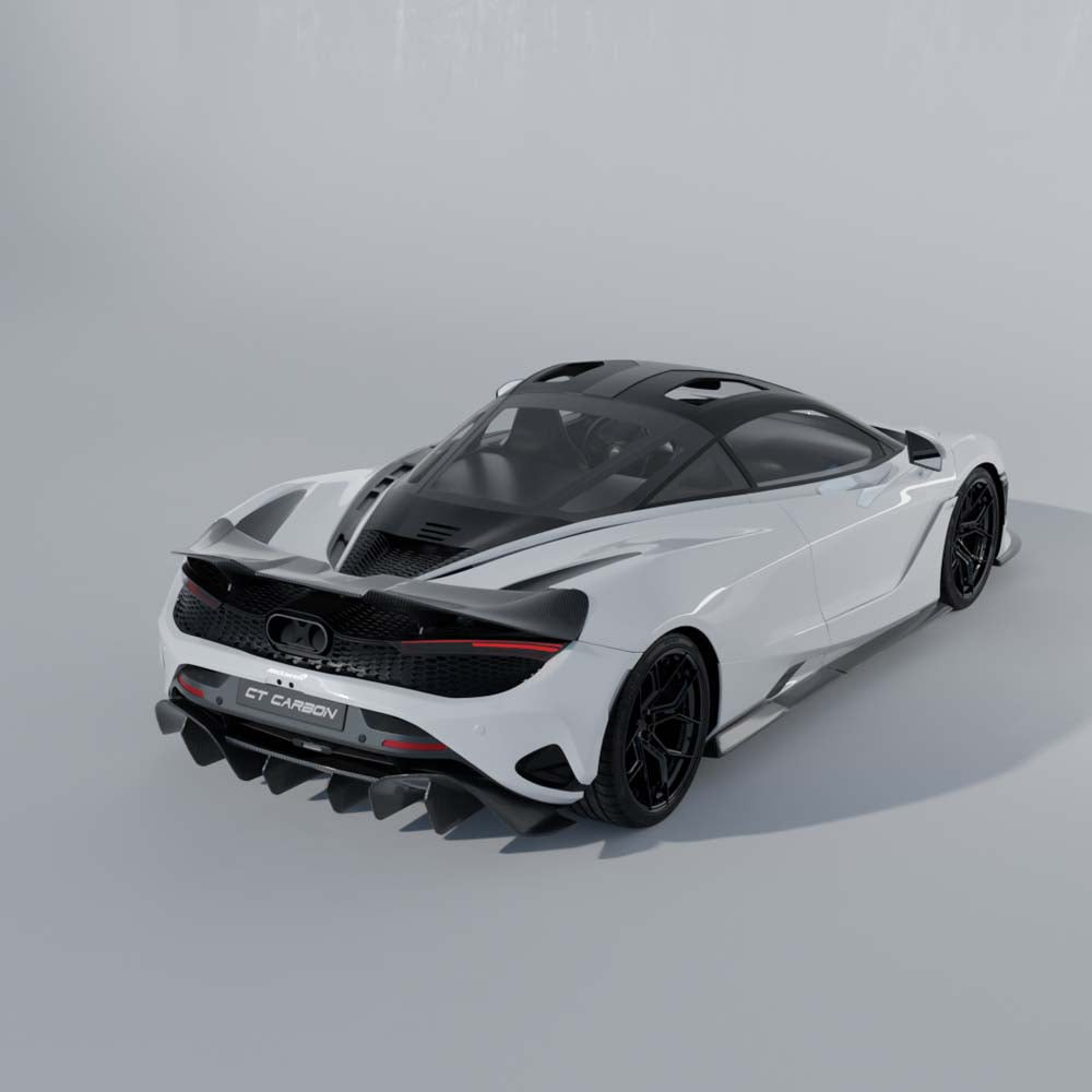 CT Carbon McLaren 750S carbon fibre full kit showing detailed panels and aerodynamic parts on a sleek sports car.