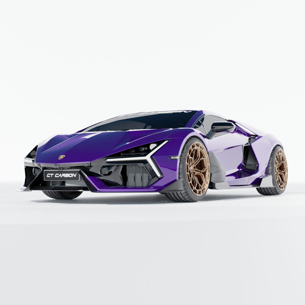 Lamborghini Revueltto matte carbon fibre side skirts by CT Carbon, shown on a sleek sports car.