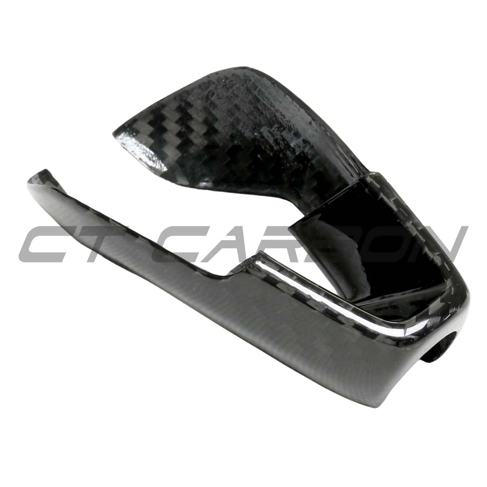 Carbon fiber gear selector cover for BMW G80 G82 G87 M2 M3 M4 2021+ by CT Carbon, close-up view of the accessory.
