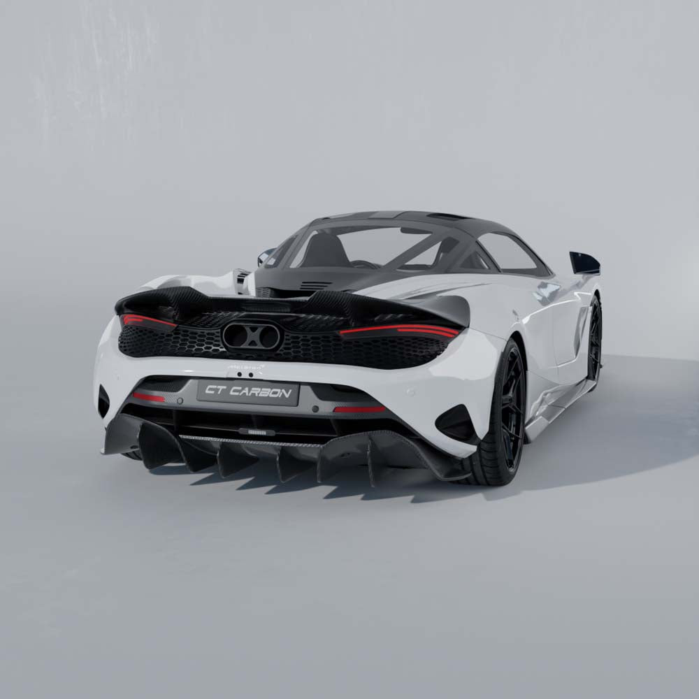 CT Carbon McLaren 750S carbon fiber full kit, showing detailed carbon fiber panels and sleek design on the car.
