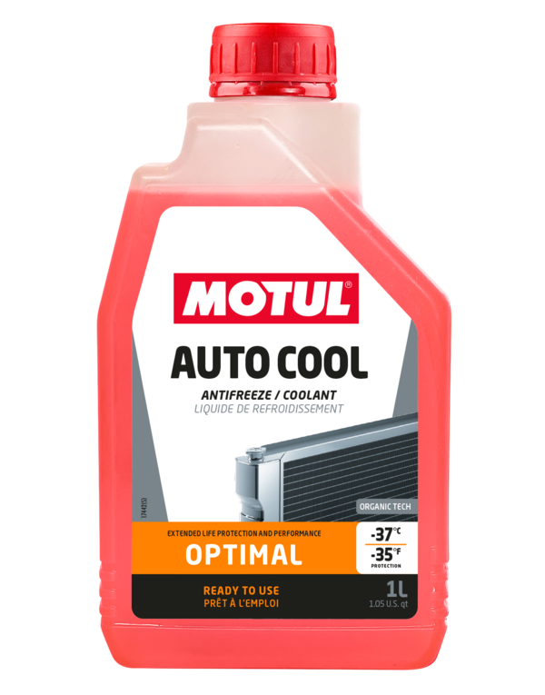 Motul Auto Cool Optimal antifreeze coolant container showing 1-liter bottle with blue liquid for vehicle cooling systems.