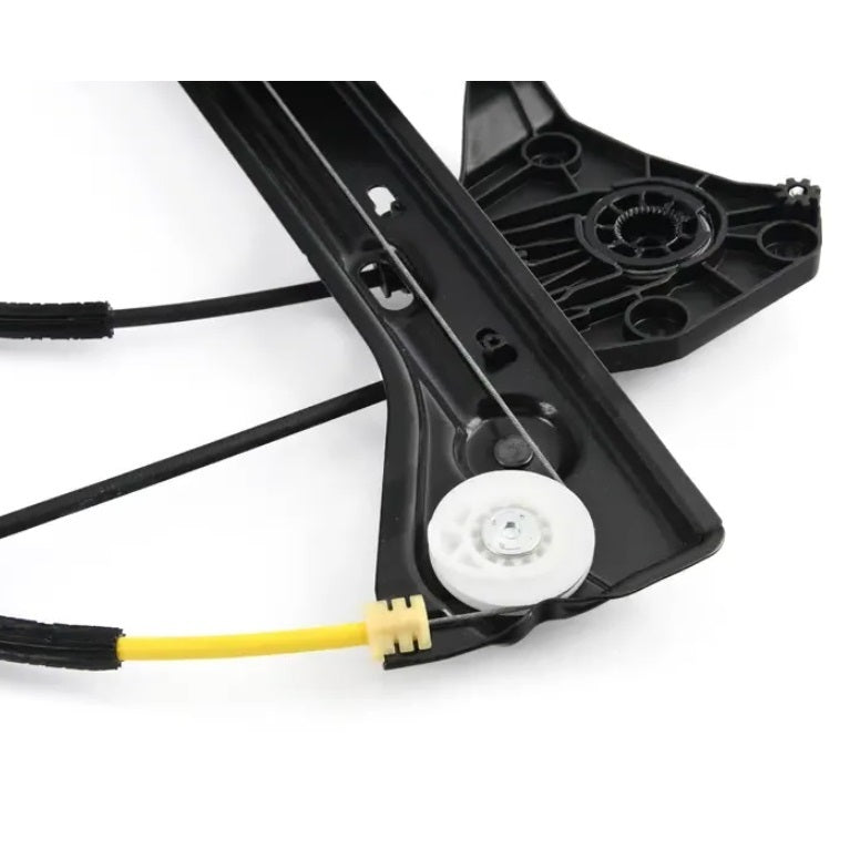 Genuine BMW front left window regulator without motor for F21, F22, F23, and F87 M2 models, showing metal frame and moving parts.