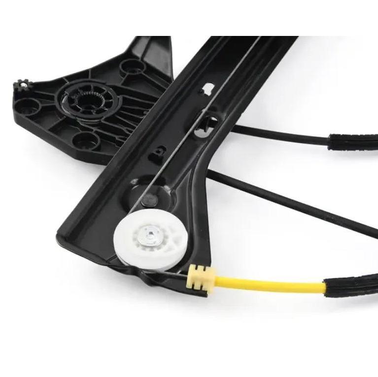 Genuine BMW front right window regulator without motor for F21, F22, F23, and F87 M2 models, showing metal tracks and clips.