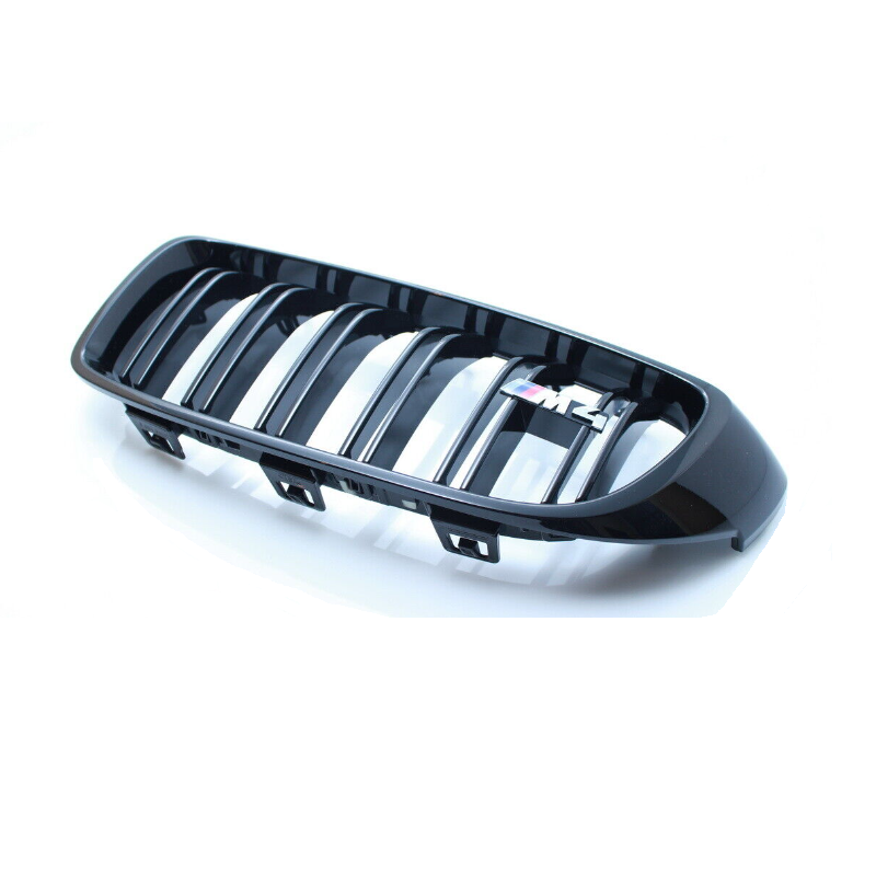 Genuine BMW M Performance F82 F83 front black kidney grilles pair for M4, showcasing sleek design and high-quality finish.