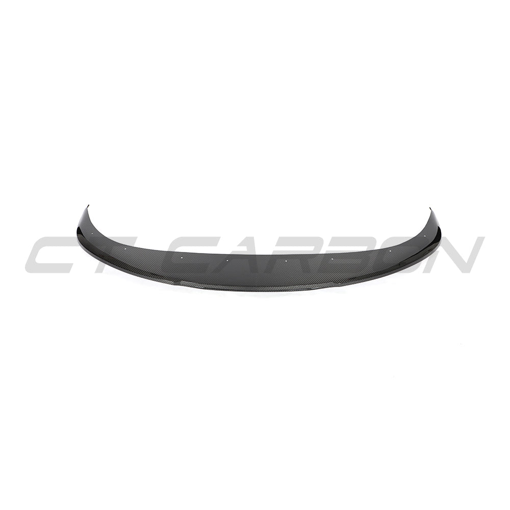 CT Carbon Porsche Taycan 2020-2024 carbon fiber splitter front view showing aerodynamic design and sleek finish.