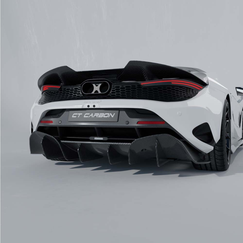 CT Carbon McLaren 750S carbon fibre full kit, including aerodynamic parts and panels, displayed on a plain background.