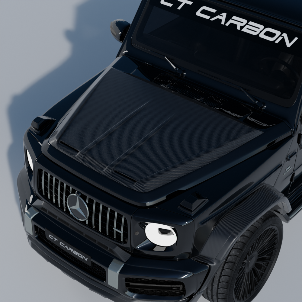 Mercedes-Benz W463 G63 full carbon fibre wide arch kit by CT Carbon, shown on the vehicle with sleek carbon fibre finish.