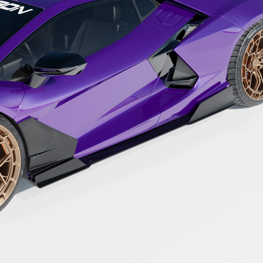 Lamborghini Revueltto matte carbon fiber side skirts by CT Carbon, showing sleek, aerodynamic design for high-performance sports cars.