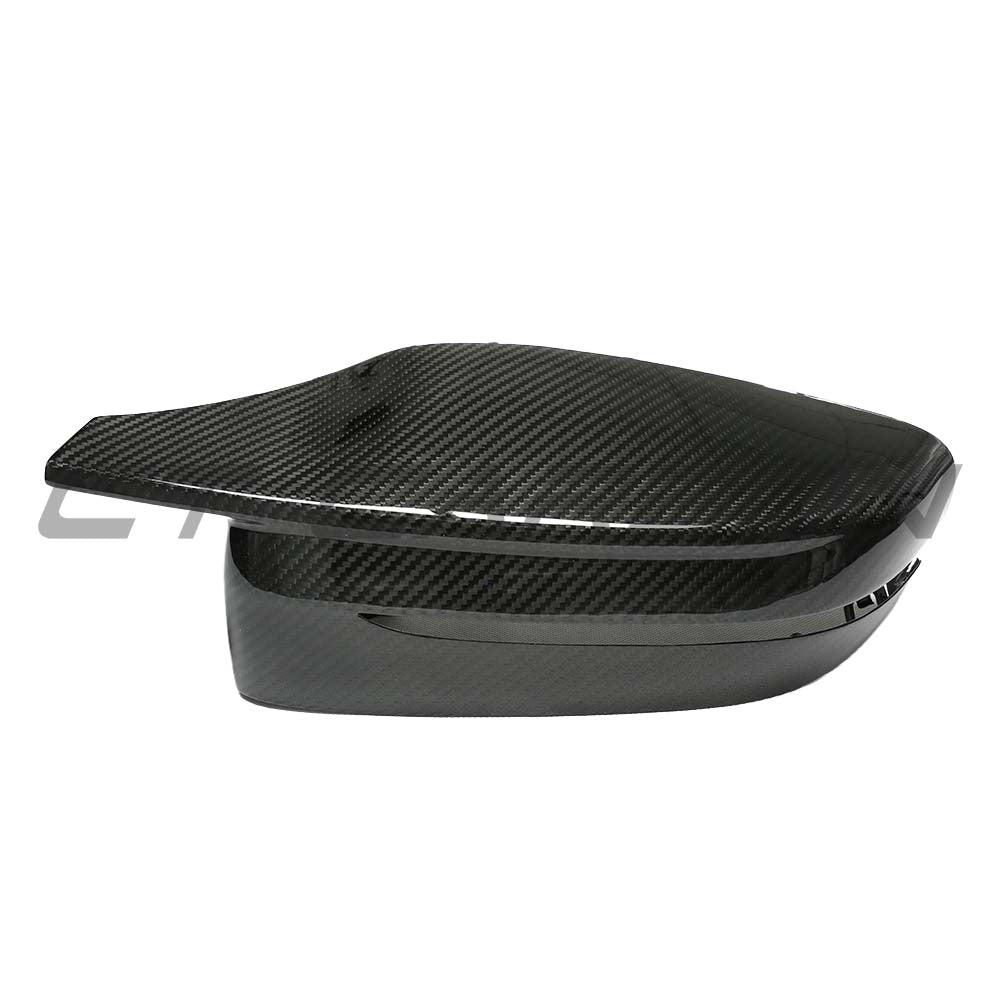 BMW G14/G15/G16 8 Series RHD dry carbon fiber mirror cover replacements by CT Carbon, showing close-up of sleek mirror covers.