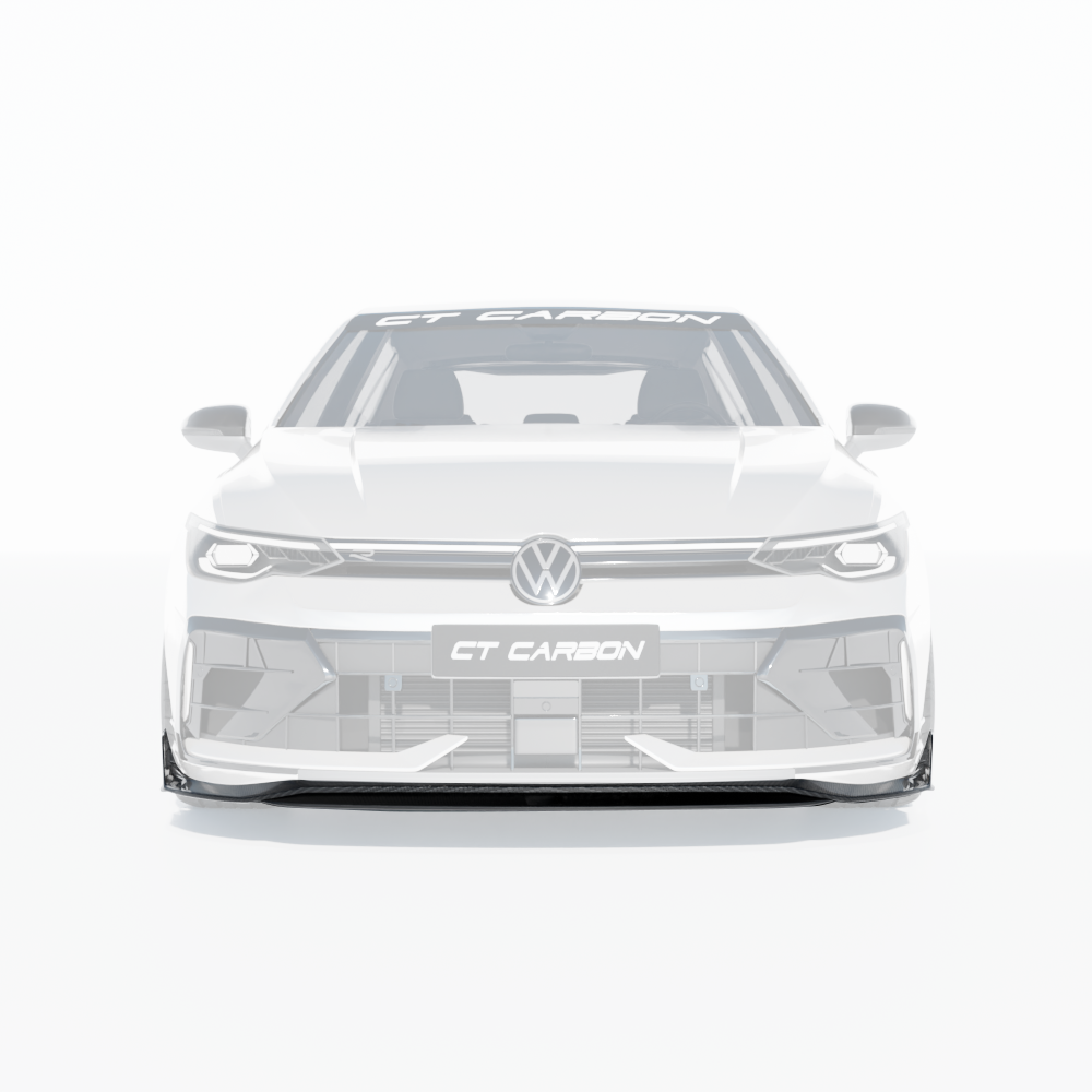 CT Carbon VW Golf MK8.5 R 2024+ carbon fibre splitter, front aerodynamic car accessory, detailed close-up of lightweight design.