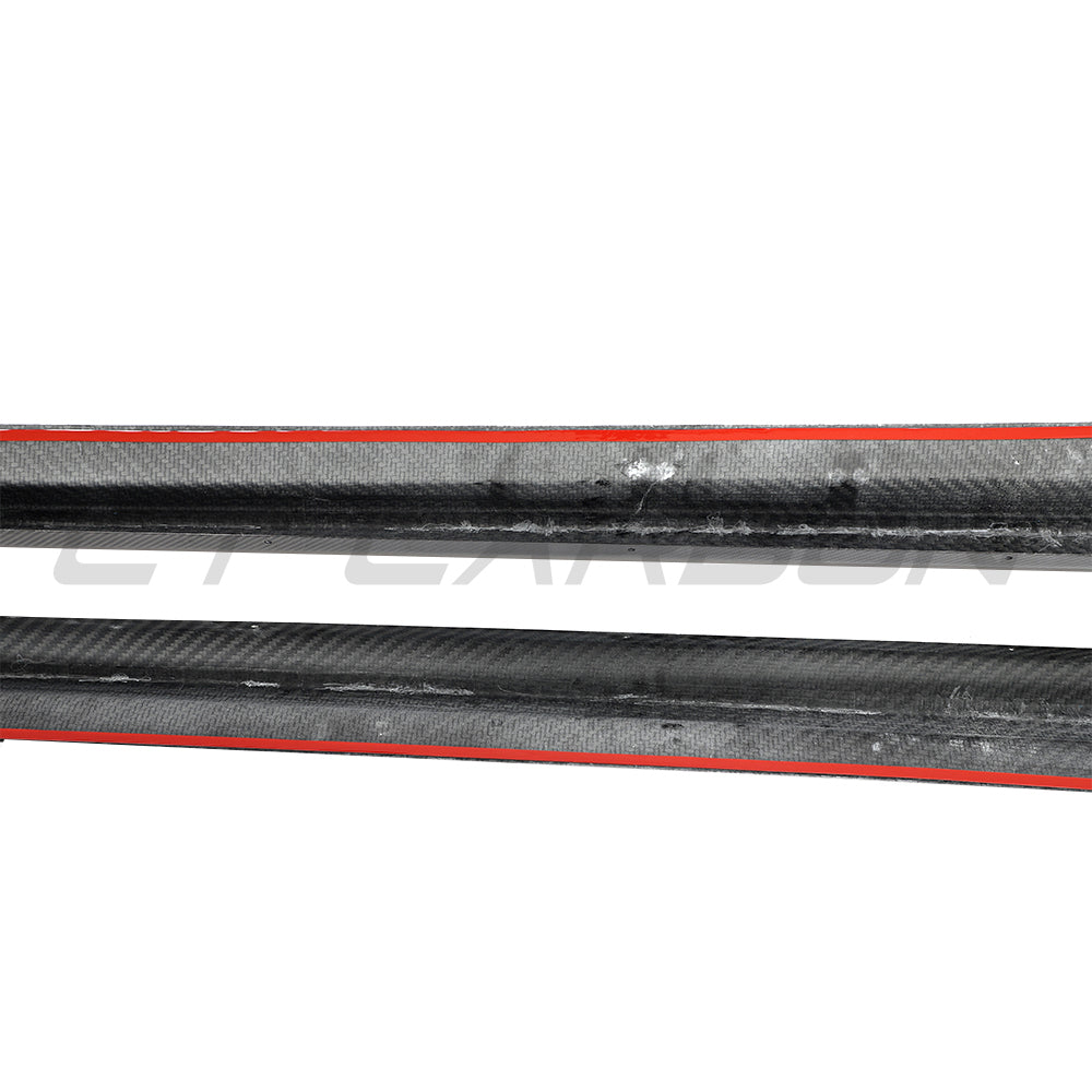 CT Carbon Porsche Taycan 2020-2024 carbon fibre side skirts installed on the sides of the car.
