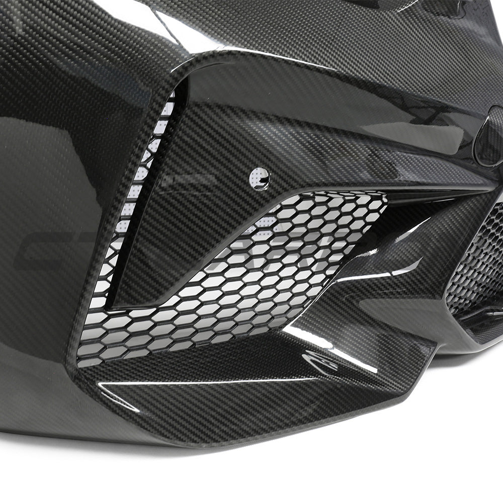 BMW F87 M2C CT Carbon front bumper with pre-preg carbon fiber finish, showcasing sleek aerodynamic design and detailed craftsmanship.