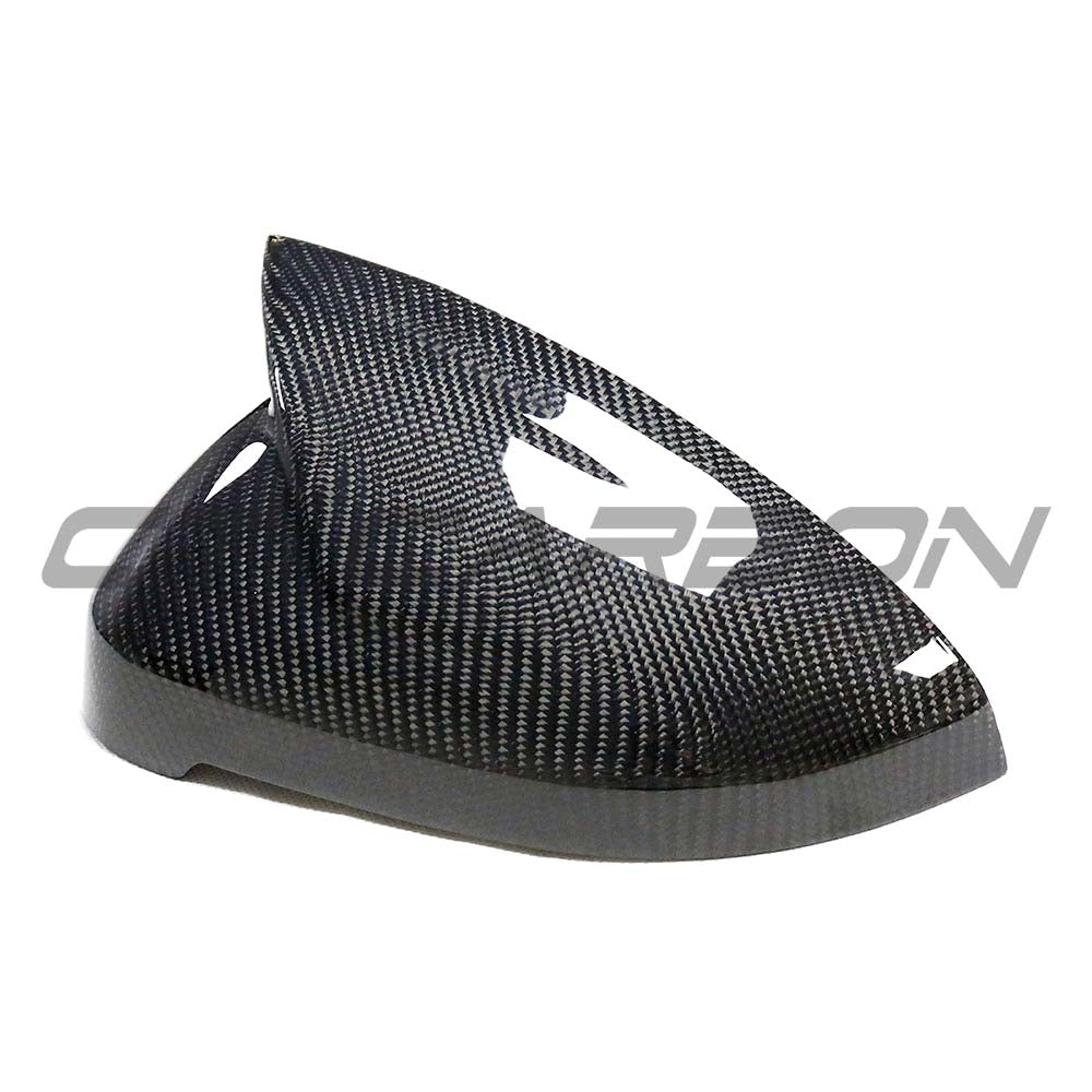 CT Carbon carbon fibre mirror covers with blindspot assist for Audi A4 B9 2015-2023, showing sleek, textured exterior mirrors.