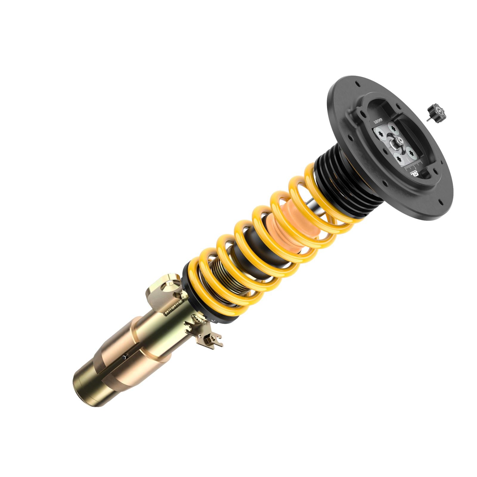 ST Suspension ST XTA plus coilovers for BMW F87 M2 with adjustable damping and top mounts, featuring coilover components and mounting hardware.
