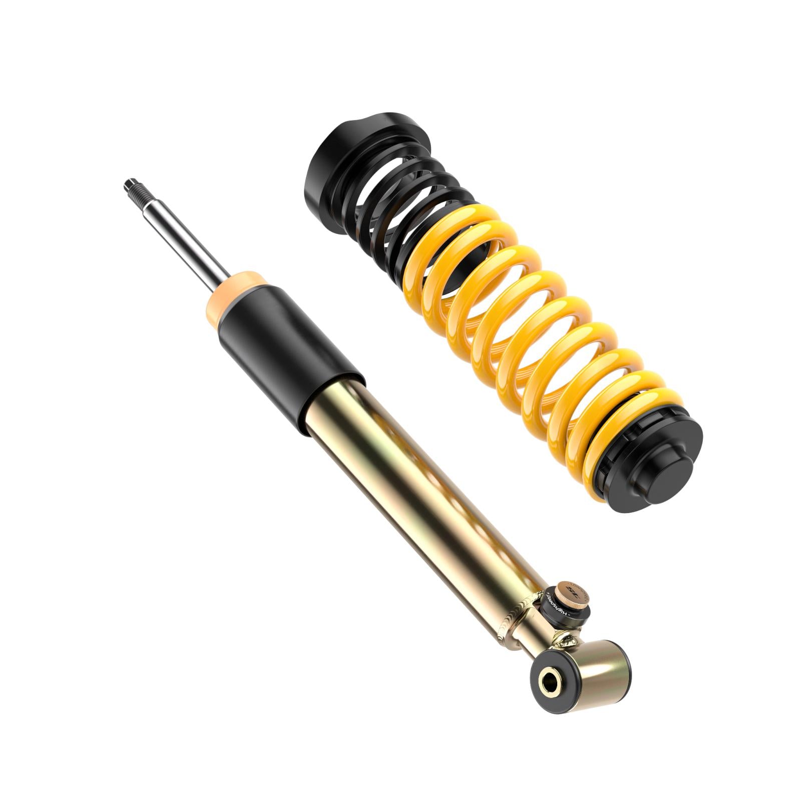 ST XTA plus 3 coilovers for BMW F87 M2 with adjustable damping and top mounts, showing coilover shock absorbers and suspension components.