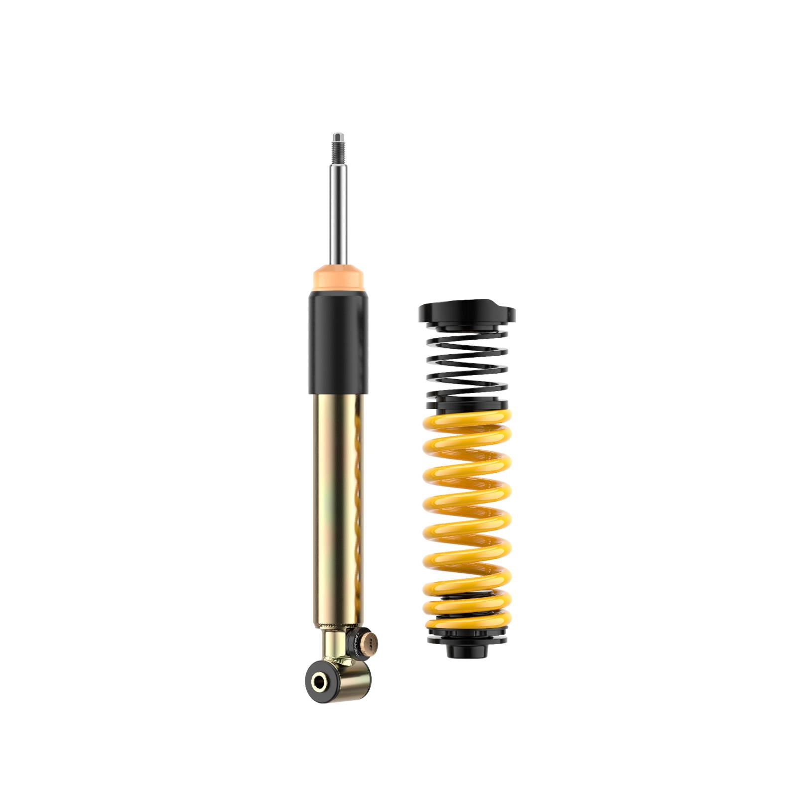 ST Suspension ST XTA Plus 3 coilovers for BMW F87 M2 with adjustable damping and top mounts, featuring a sleek shock absorber design.