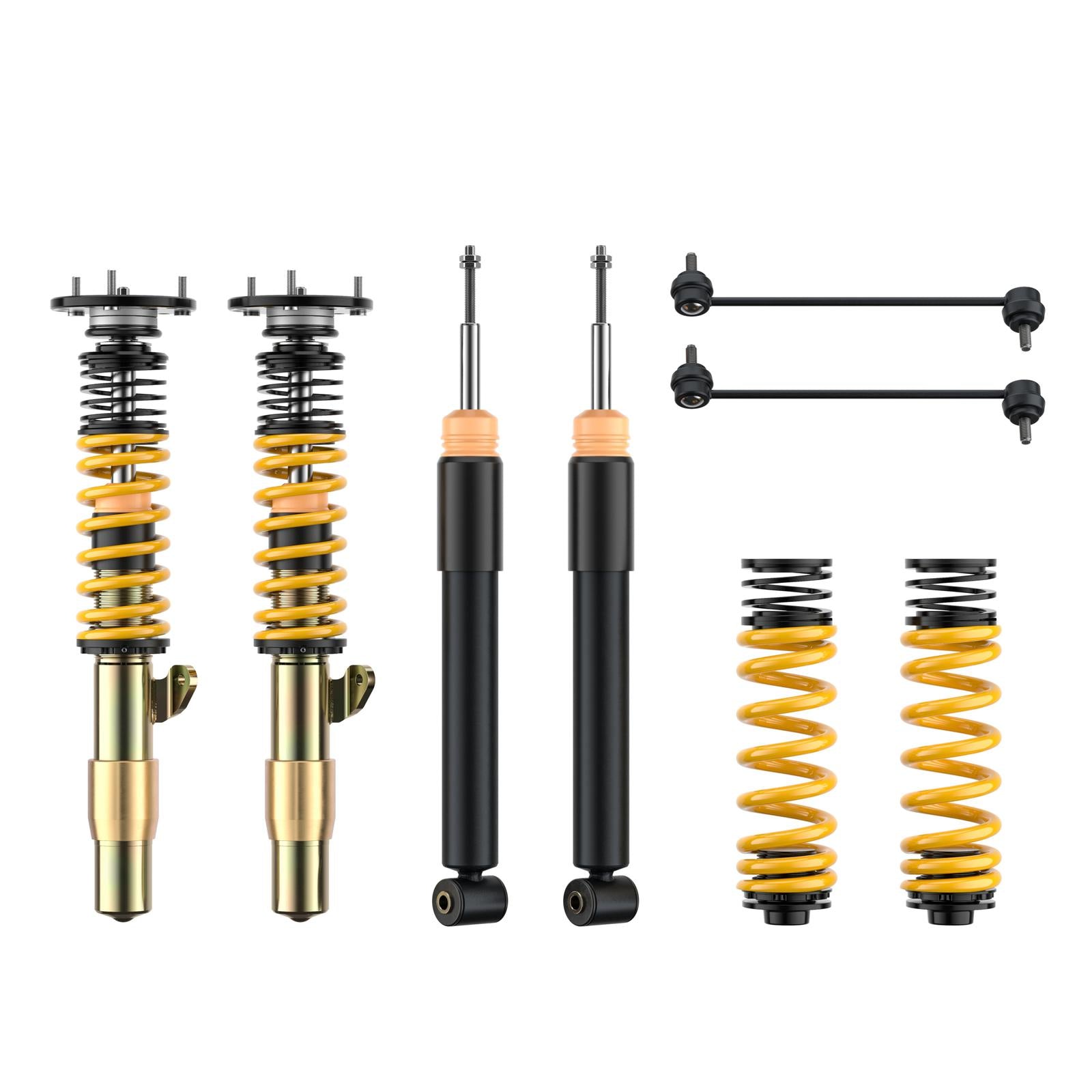 ST Suspension coilovers with adjustable damping and top mounts installed on a BMW E92/E90 M3, showcasing the suspension upgrade.