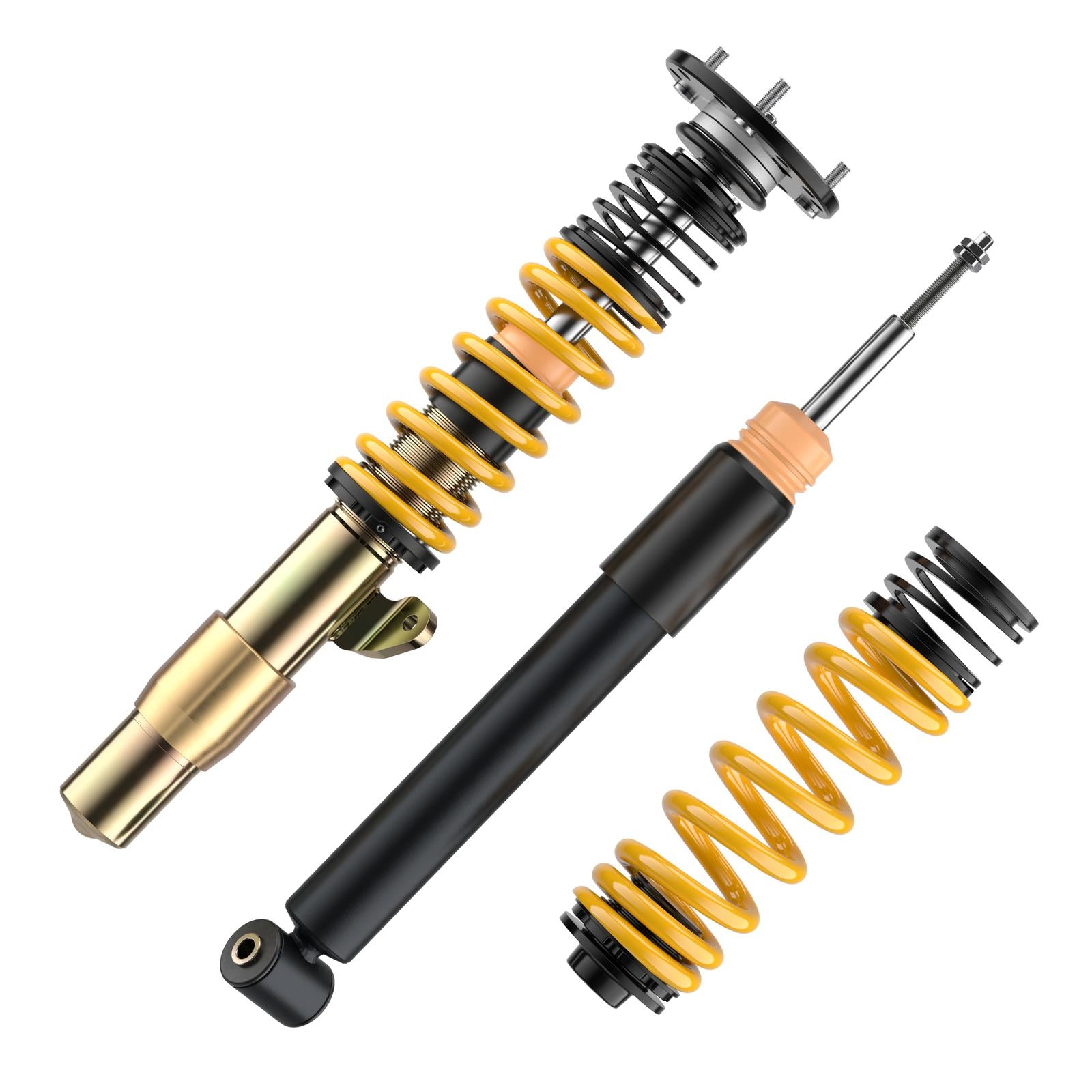 ST Suspension coilovers with adjustable damping and top mounts installed on a BMW E92/E90 M3, showing the suspension components.