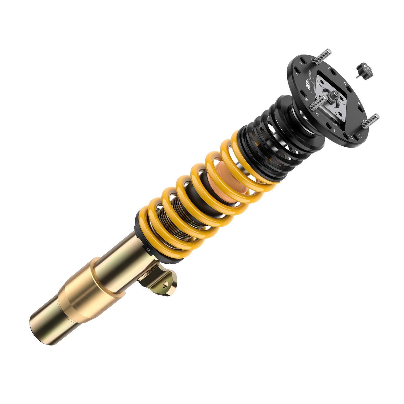 ST Suspension coilovers with adjustable damping and top mounts for BMW E92/E90 M3, showing the coilover assembly and mounting hardware.