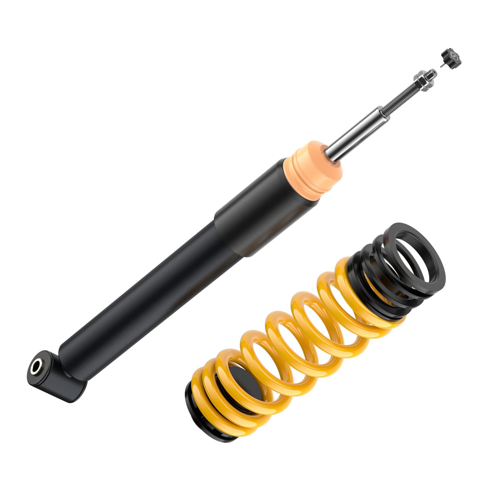 ST Suspension coilovers with adjustable damping and top mounts installed on a BMW E92/E90 M3, showing the suspension components.