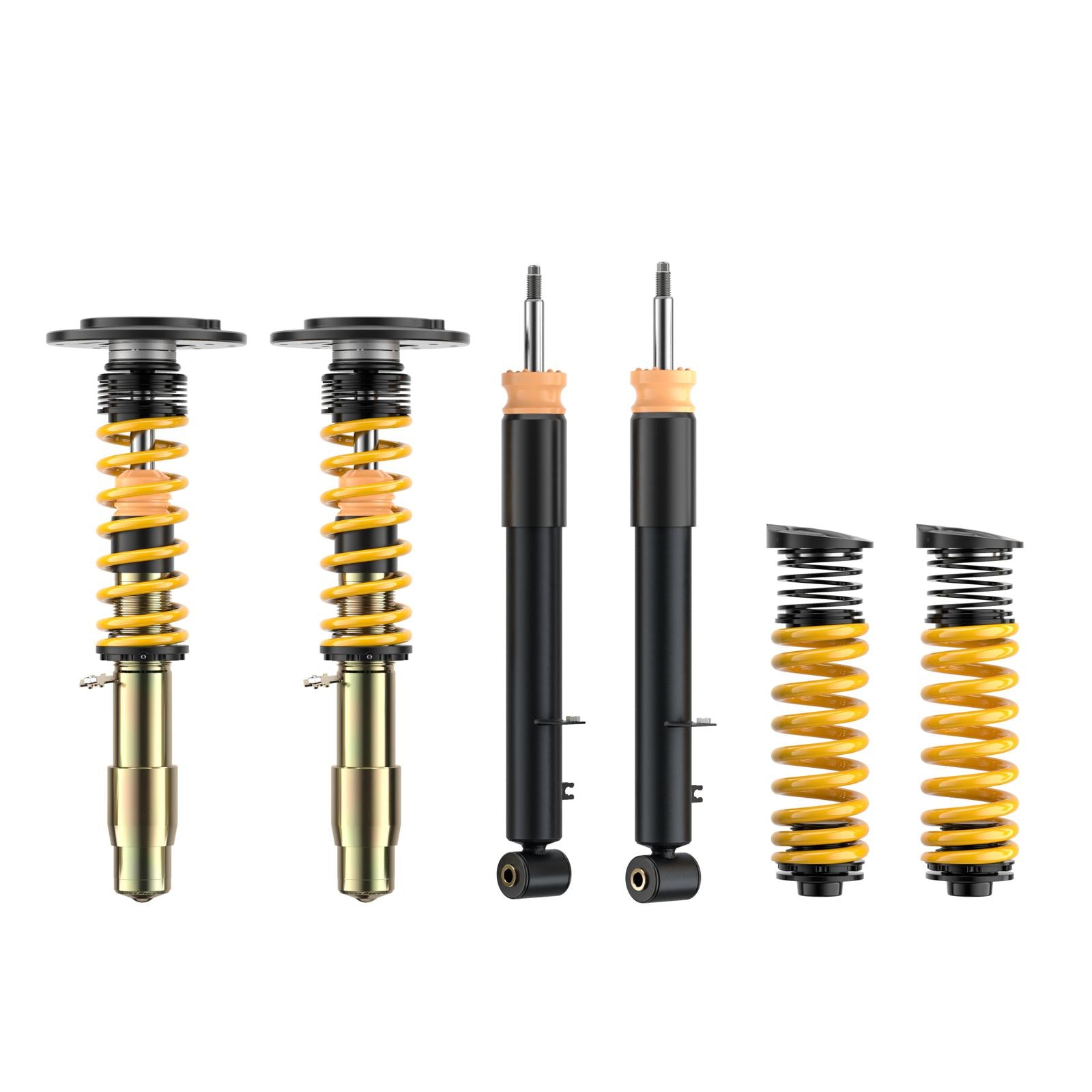 ST Suspension coilovers for BMW F80 M3, F82 M4, F83 M4 with adjustable damping and top mounts, shown on vehicle.