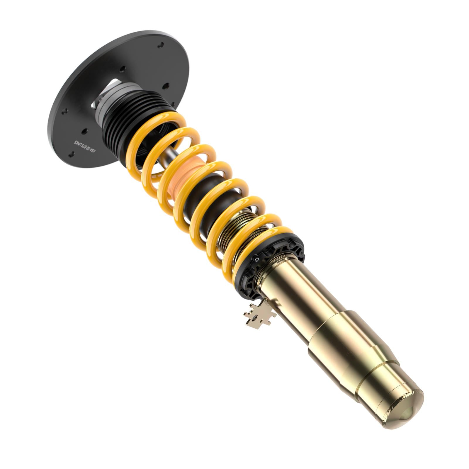 ST Suspension coilovers for BMW F80 M3, F82 M4, F83 M4 with adjustable damping and top mounts, shown on a vehicle.
