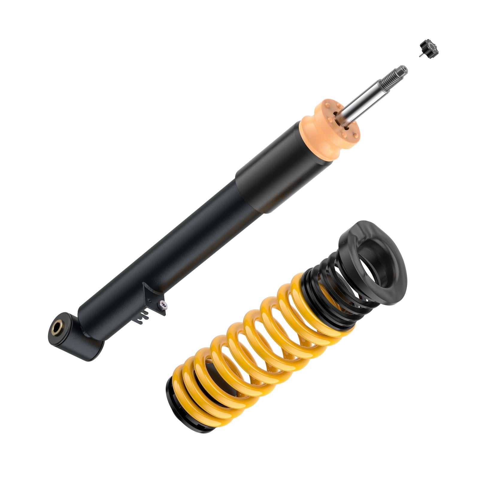 ST Suspension coilovers for BMW F80 M3, F82 M4, F83 M4 with adjustable damping and top mounts, shown installed on vehicle.