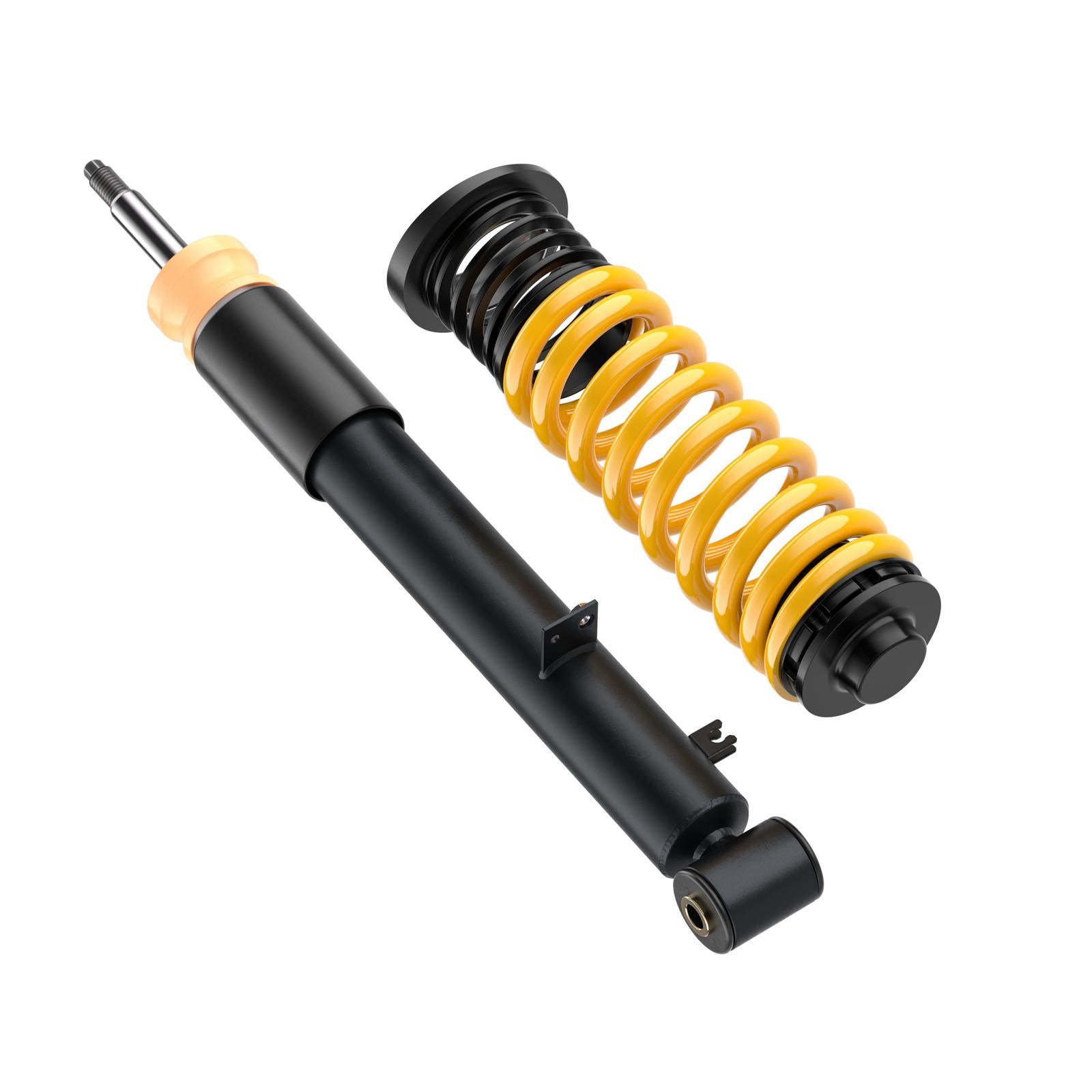 ST Suspension coilovers for BMW F80 M3, F82 M4, F83 M4 with adjustable damping and top mounts, shown on a performance vehicle.