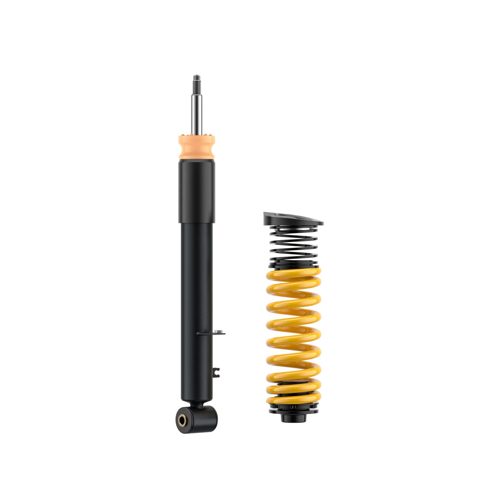 ST Suspension coilovers for BMW F80 M3, F82 M4, F83 M4 with adjustable damping and top mounts, shown installed on a vehicle.