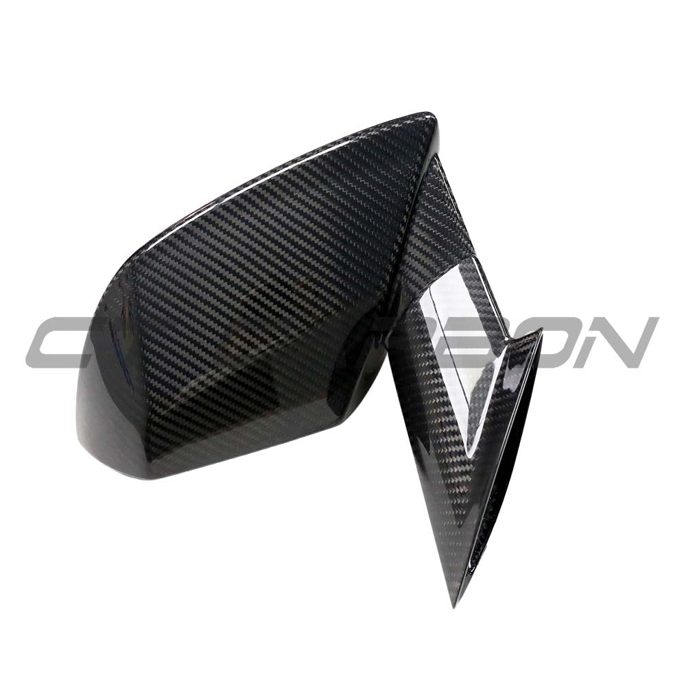 CT Carbon Lamborghini Huracan 2014-2024 dry carbon mirror cover replacements, close-up of sleek, high-quality car mirror.