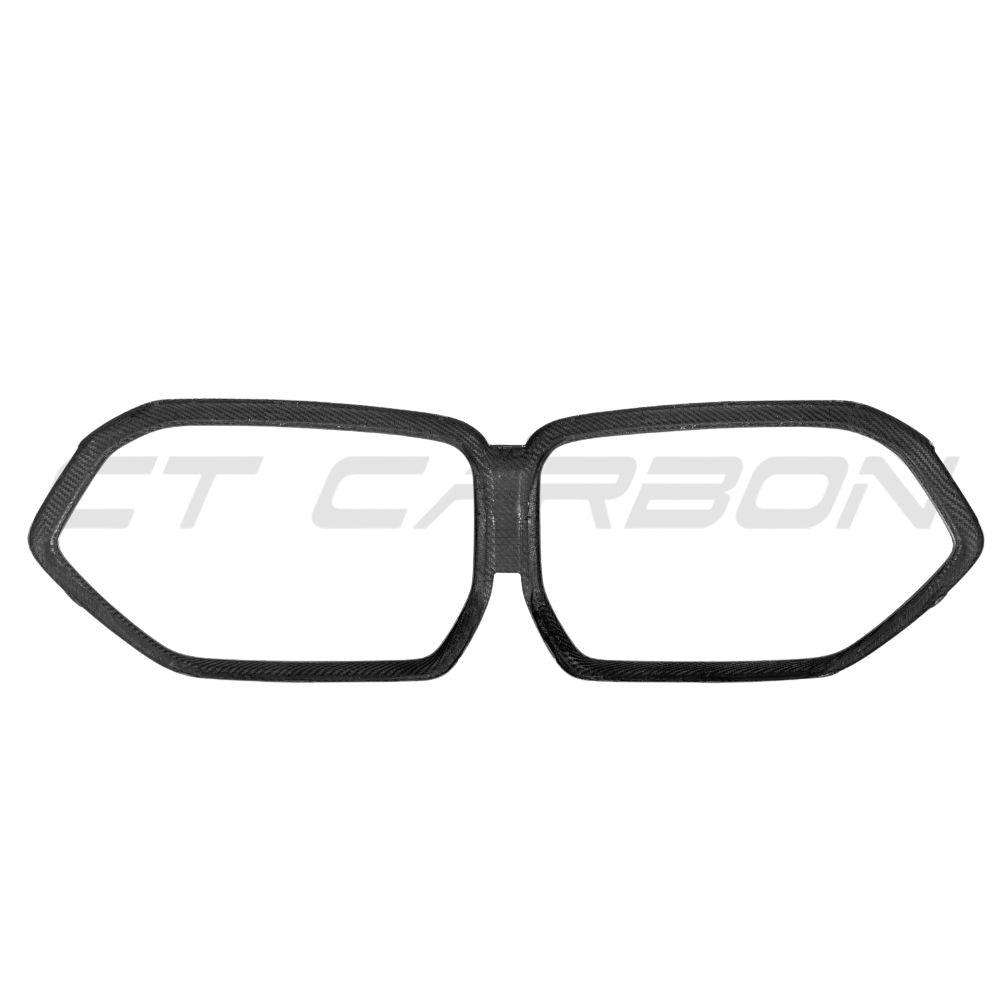 BMW X5M F95 & X6M F96 2023+ LCI OEM-style pre-preg carbon fiber grille frame by CT Carbon, showing close-up of the sleek grille design.