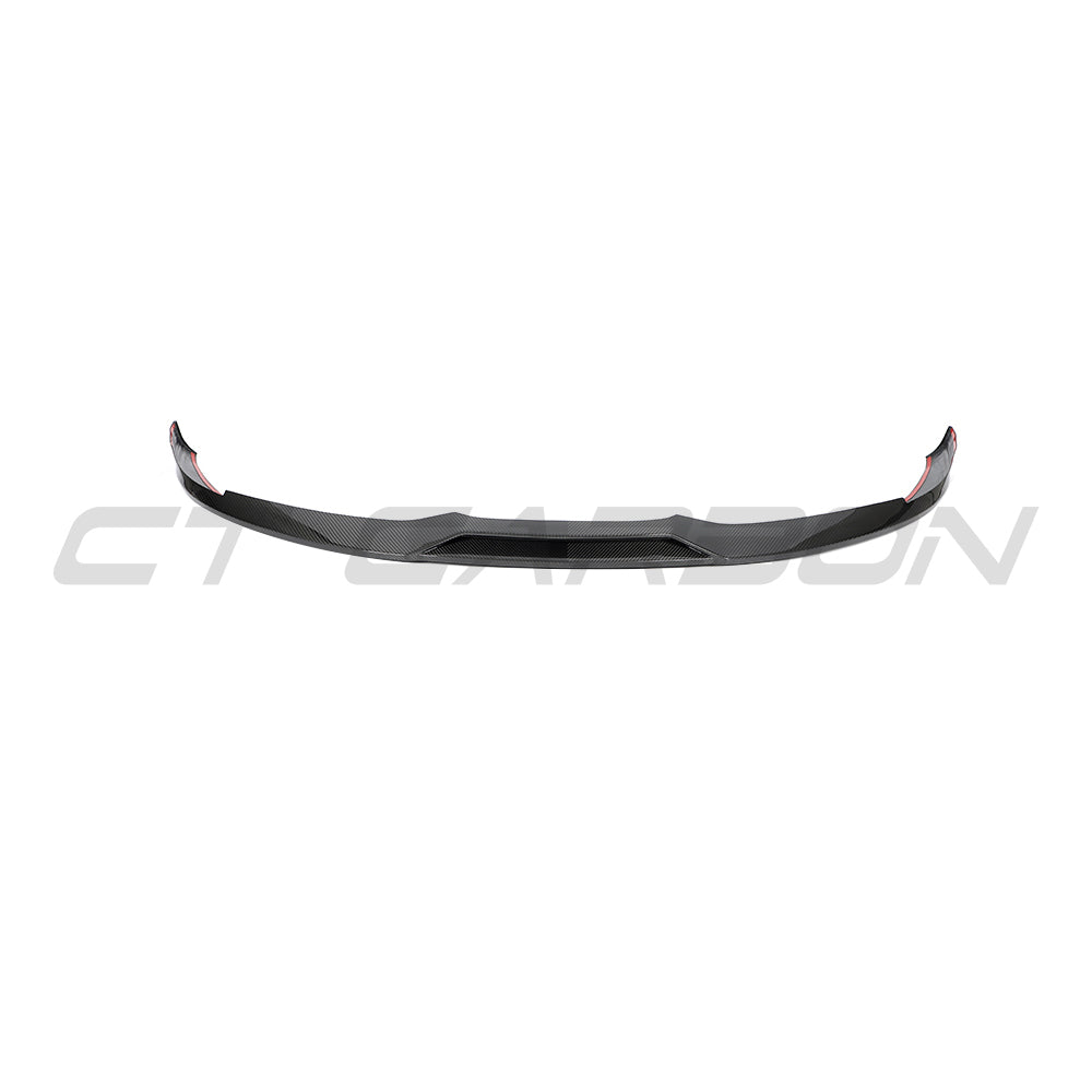 CT Carbon Porsche Taycan 2020-2024 carbon fibre splitter installed on front bumper, showcasing sleek aerodynamic design.
