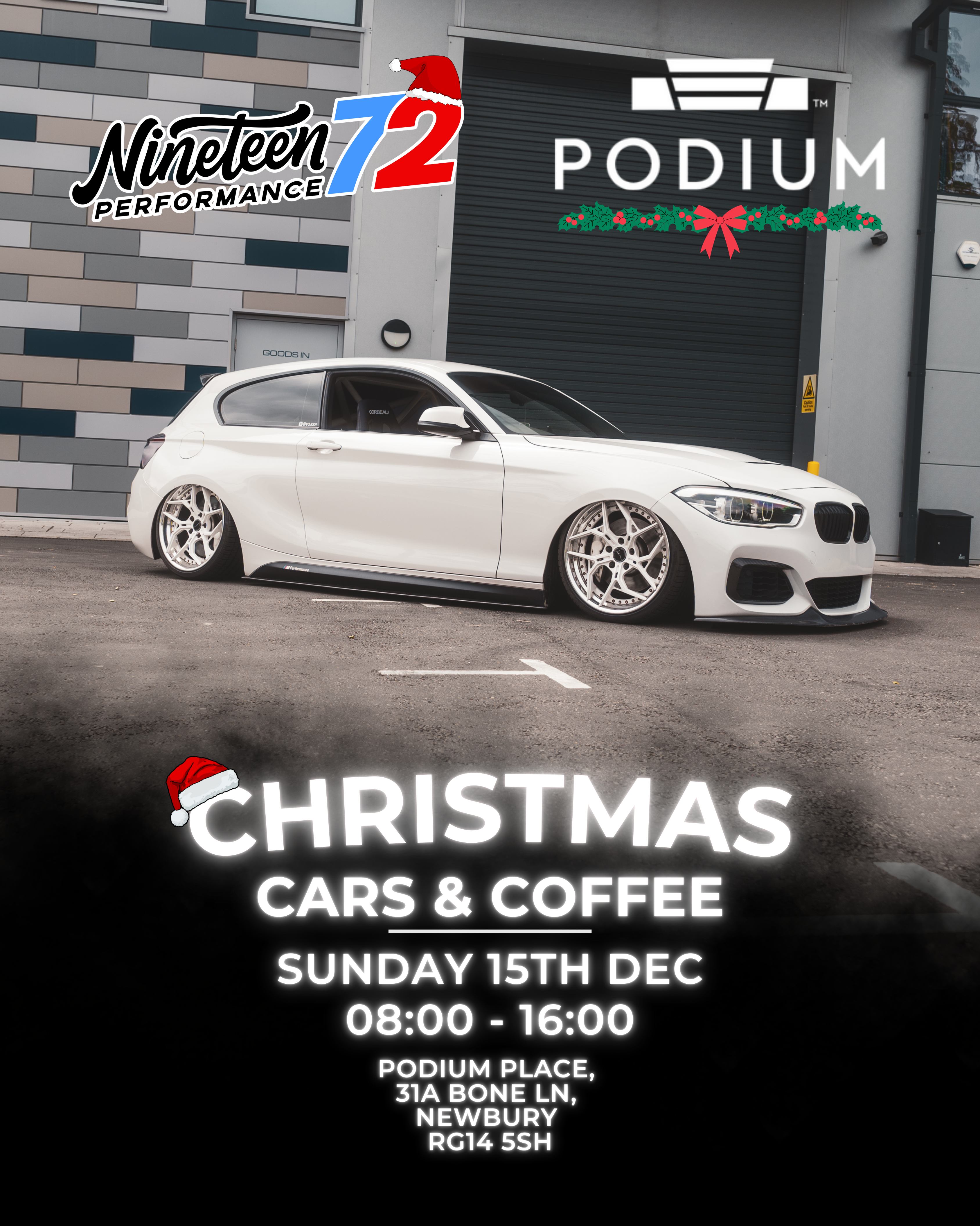 Nineteen72 Performance Cars & Coffee ticket for Podium Place event on December 15, 2024, featuring a sleek design and event details.