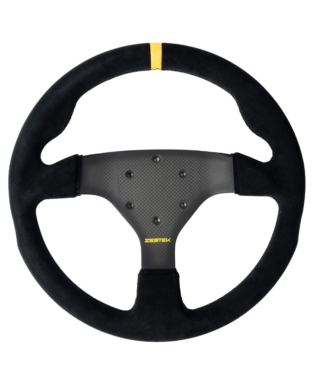 Zestek Racing carbon fibre 330mm steering wheel with black grip and silver spokes for high-performance driving.