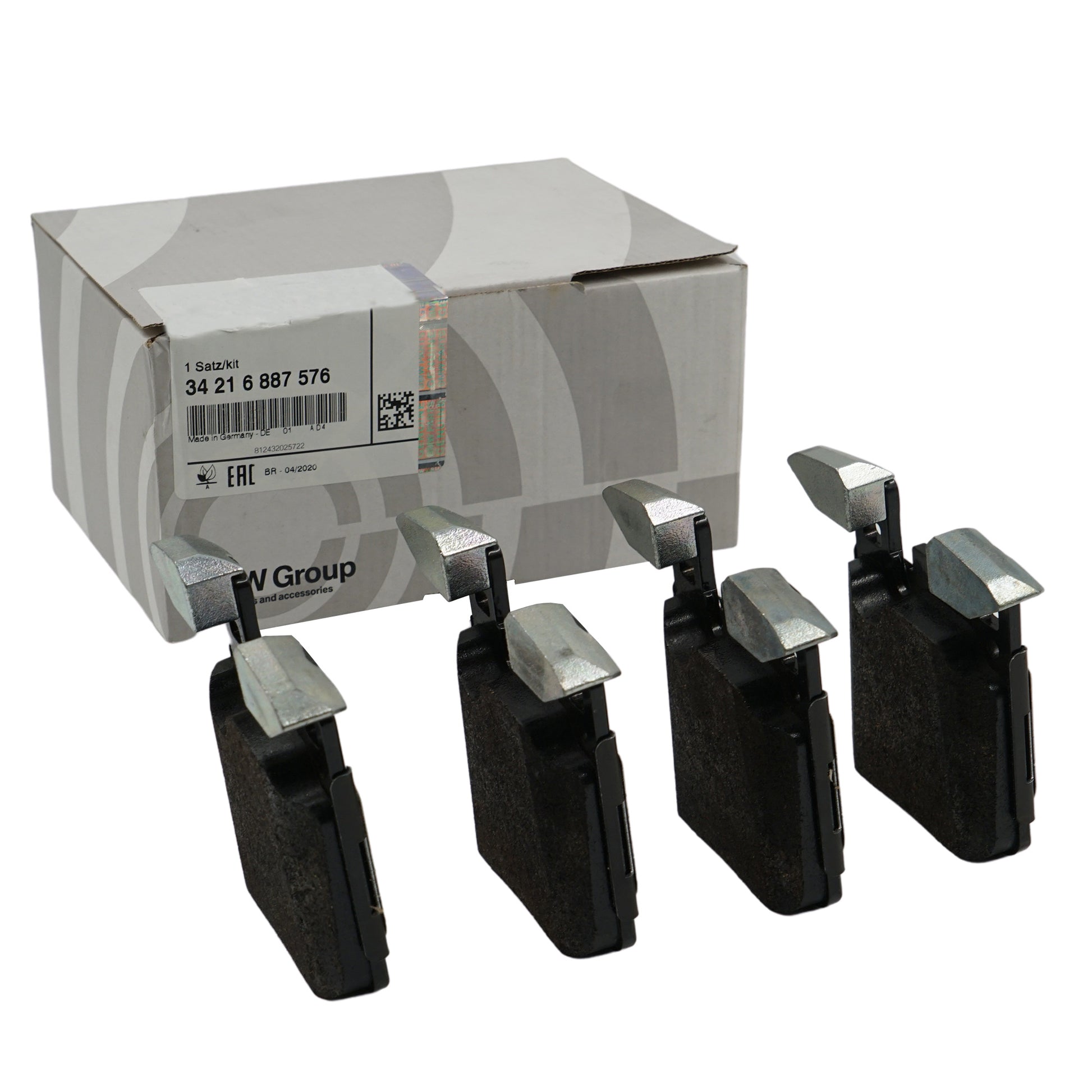 Set of brake pads with packaging on a white background